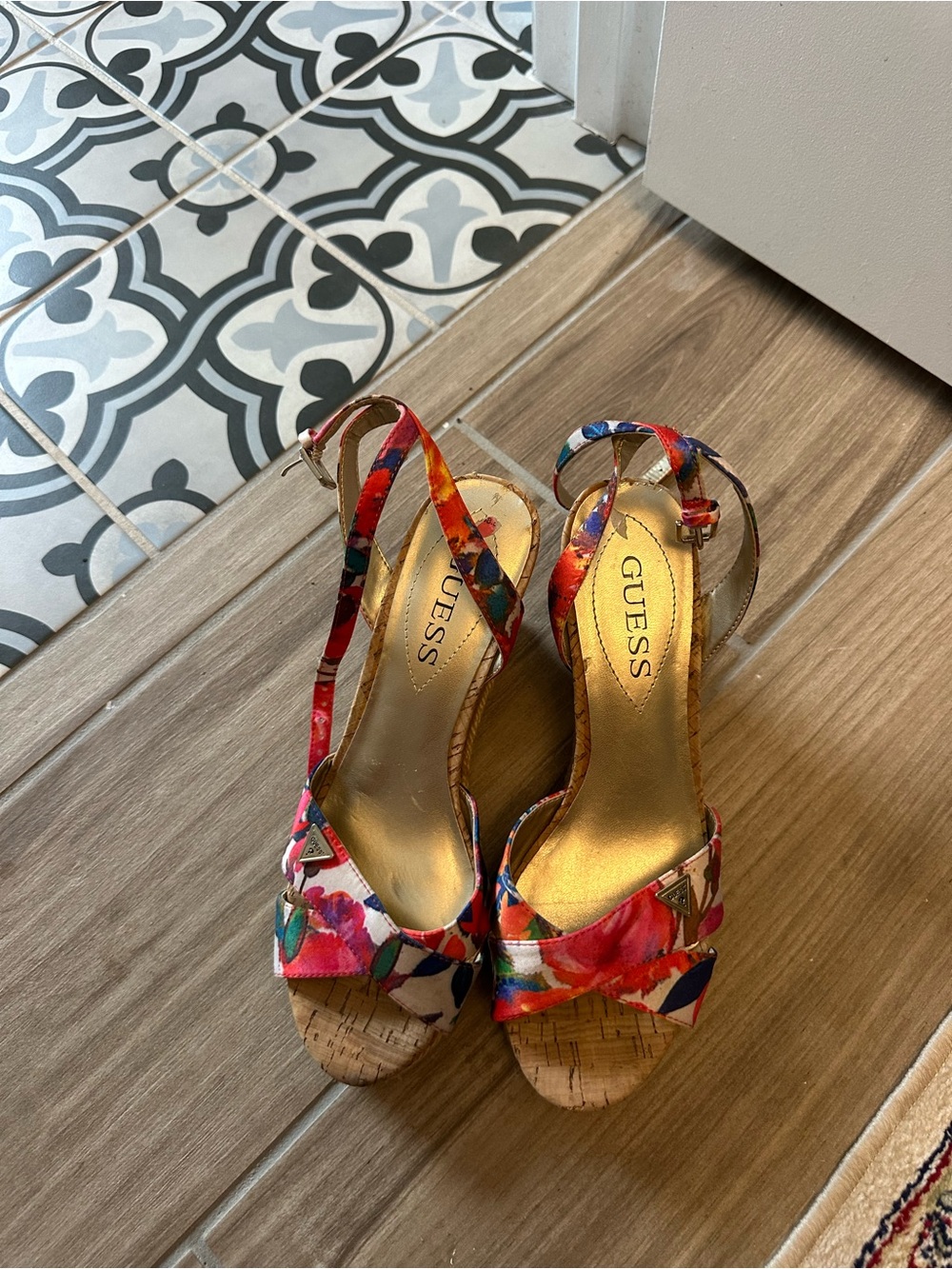 GUESS Floral Print Cork Wedge Sandals in Red, Blue and Pink
